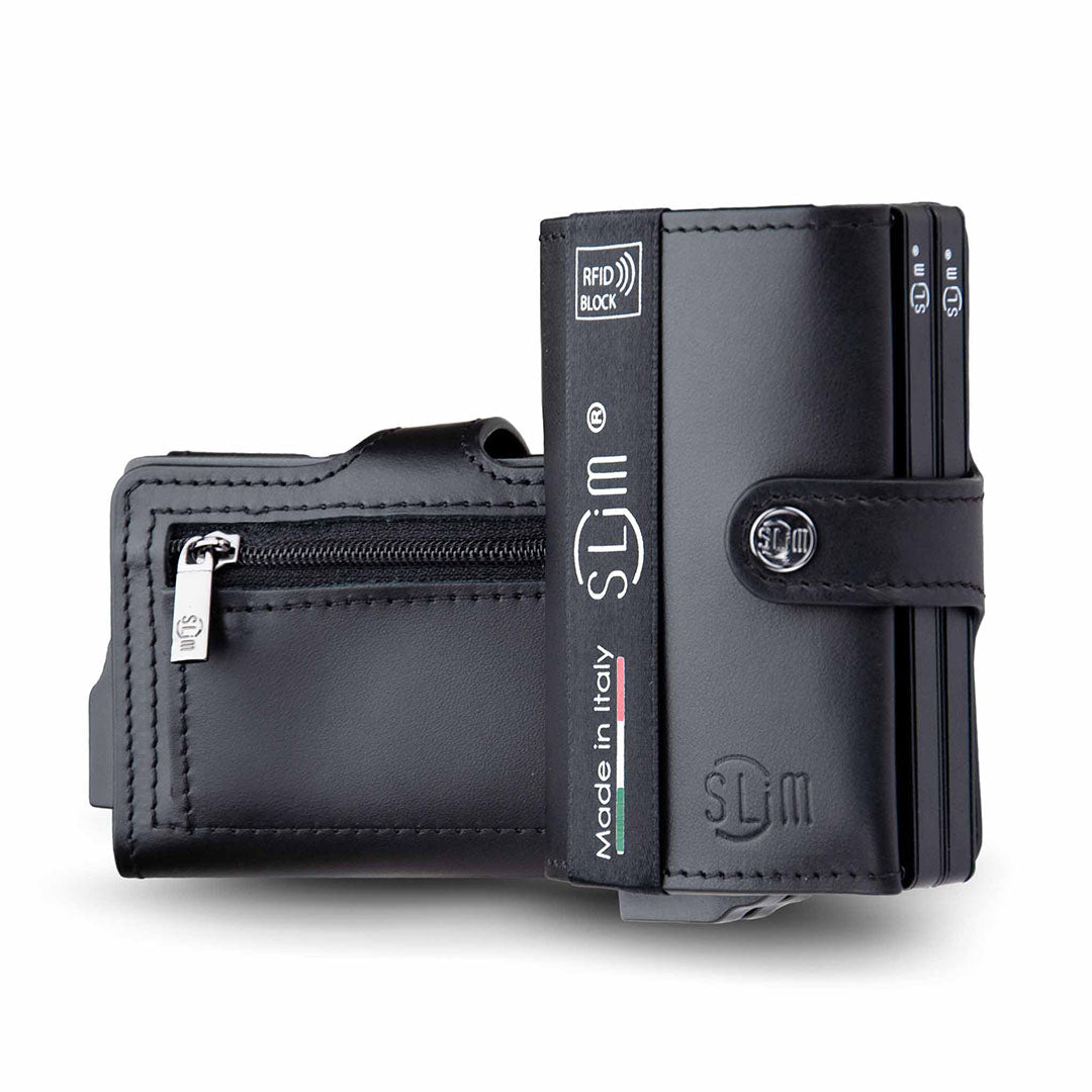 Porta Carte Vera Pelle Nero con zip Doppia cassa