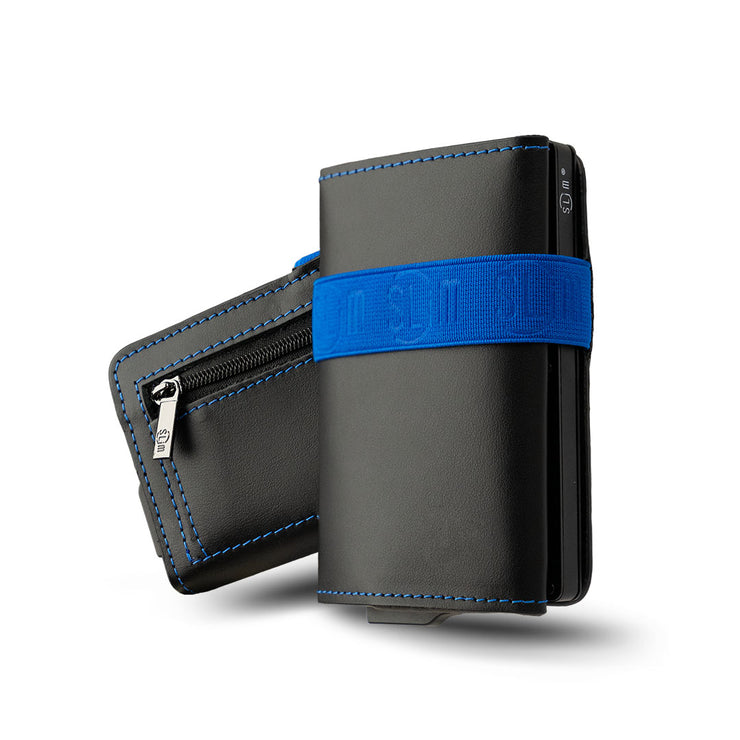 Porta Carte Vera Pelle Nero con Elastico Blu e Zip porta monete