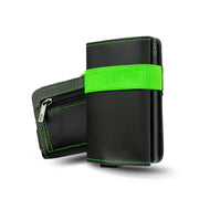 Porta Carte Vera Pelle Nero con Elastico Verde e Zip porta monete