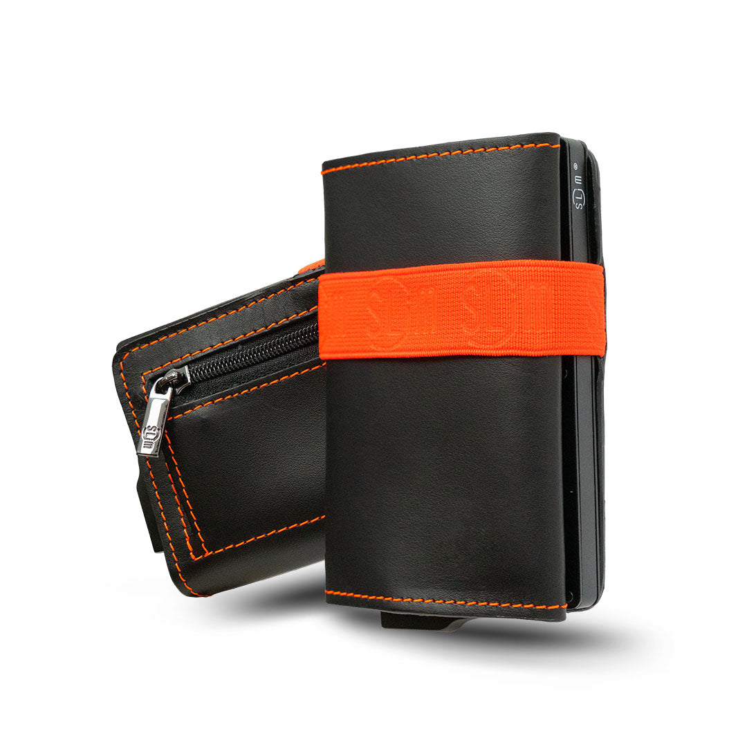 Porta Carte Vera Pelle Nero con Elastico Arancio e Zip porta monete