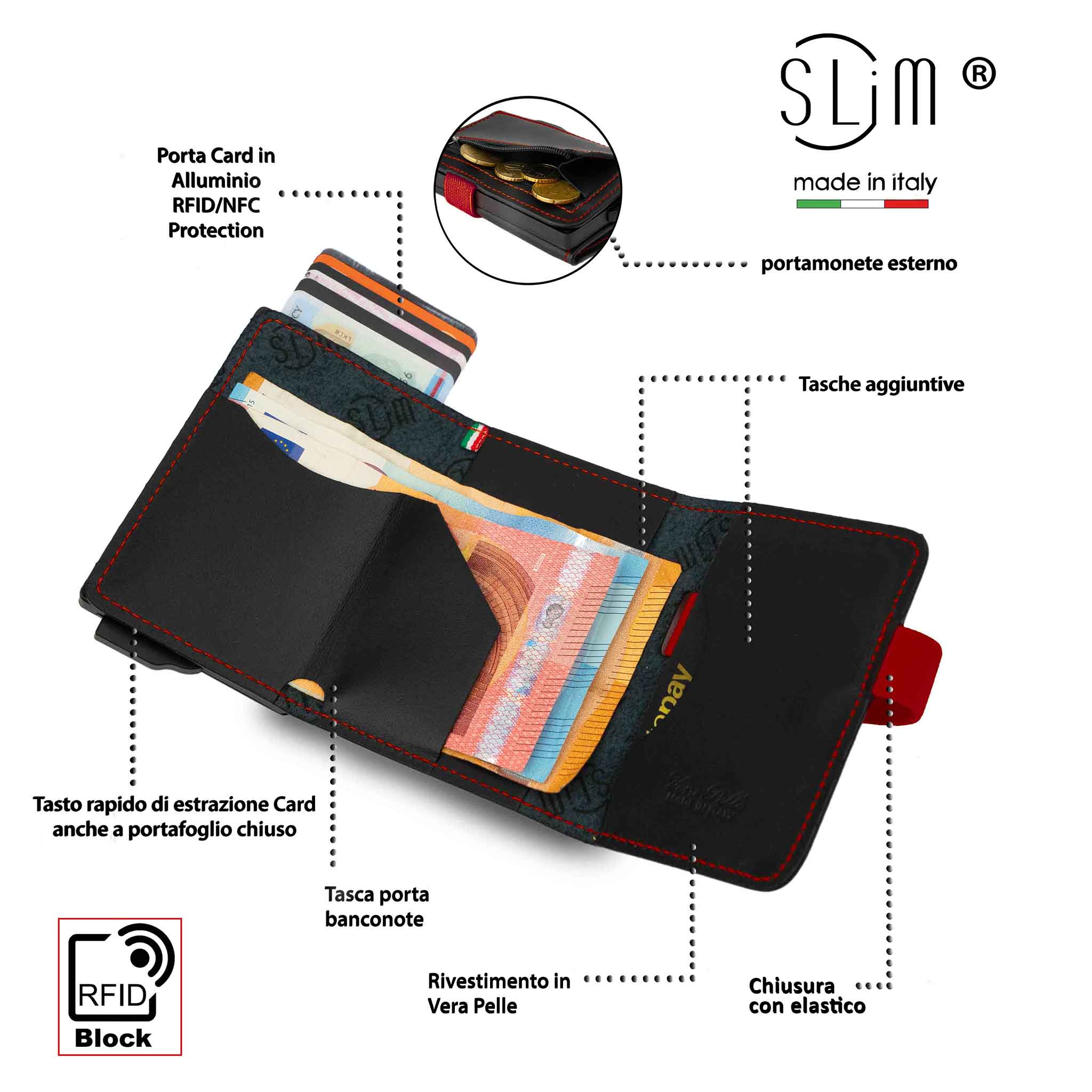 Porta Carte Vera Pelle Nero con Elastico Rosso e Zip porta monete