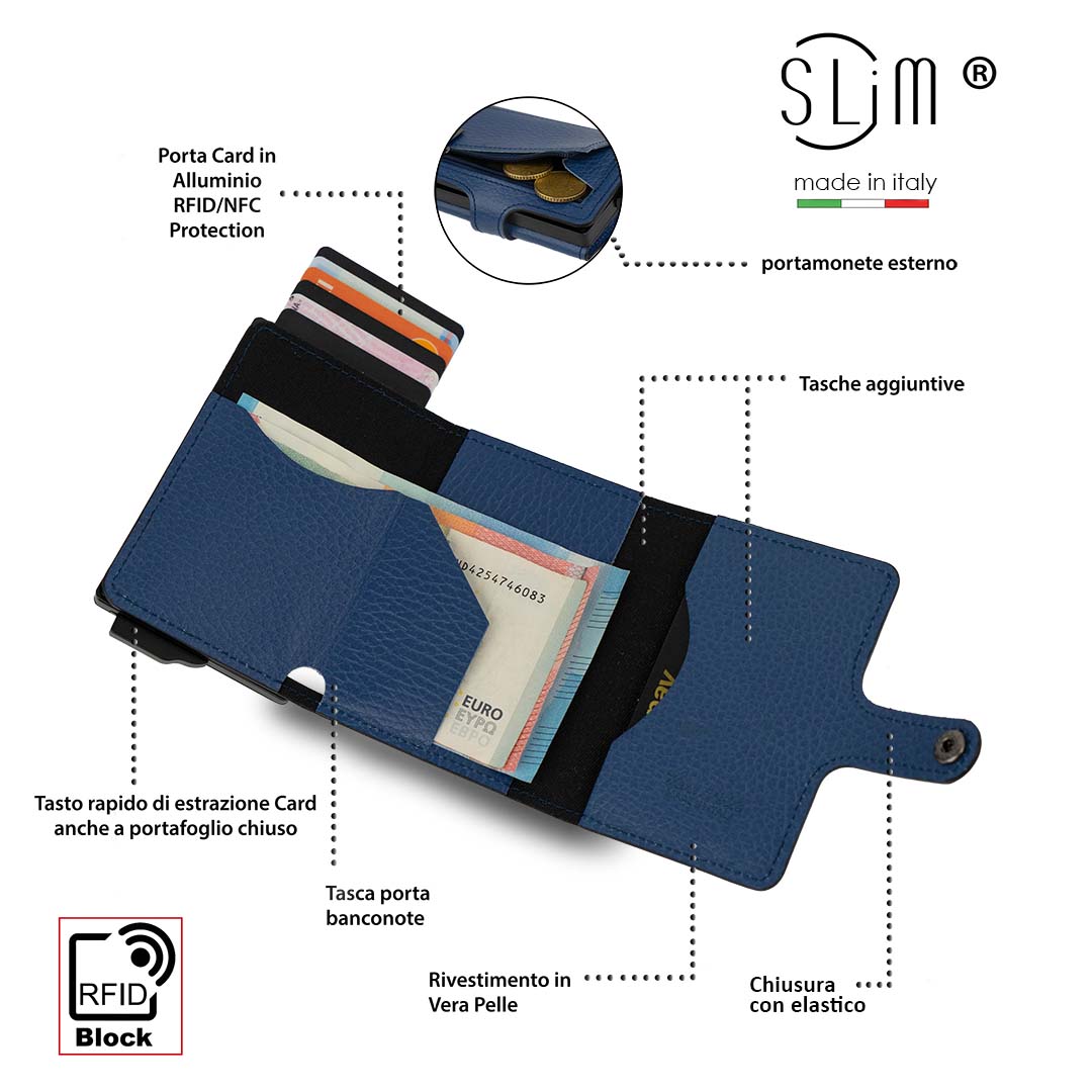 Porta Carte Vera Pelle Bottalato Blu con zip porta monete – SLim