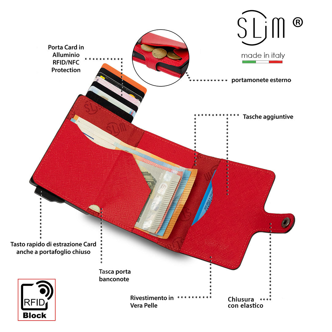 Portacarte Vera Pelle Saffiano Anti Graffio Rosso con zip