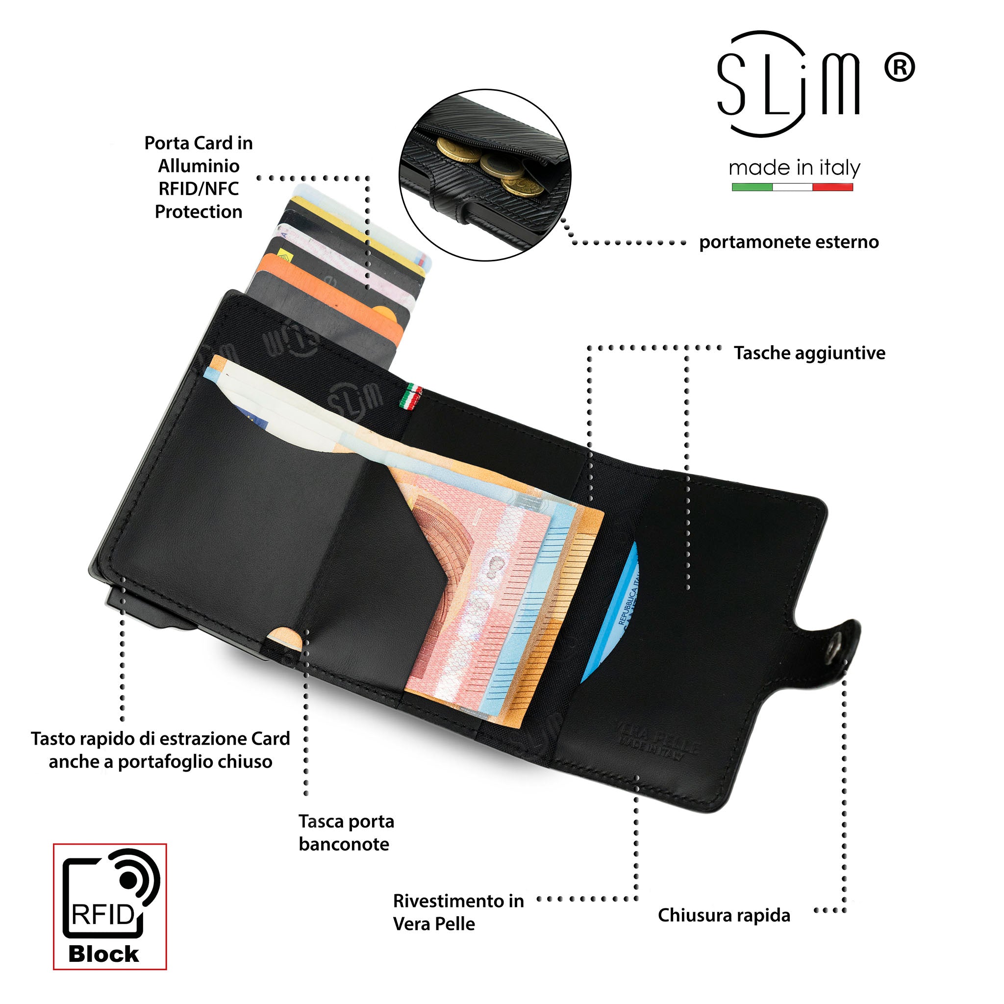 Porta Carte Vera Pelle Stampa Epi Nero Con Zip