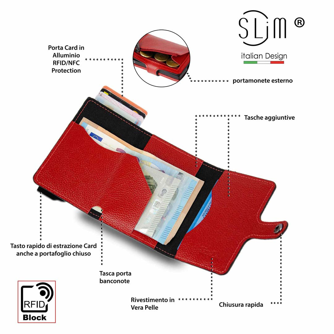 Porta Carte Vera Pelle Bottalato Rosso con zip porta monete – SLim