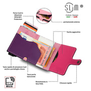 Portacarte Vera Pelle Rosa Multicolor con zip porta-monete