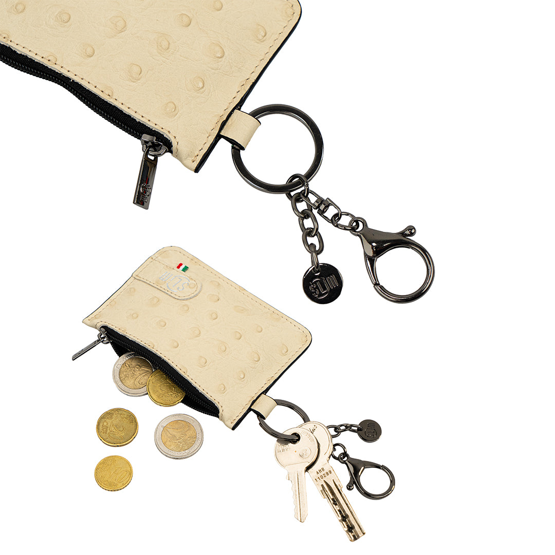 Portachiavi-Portamonete SLim®️ Vera Pelle Struzzo Beige