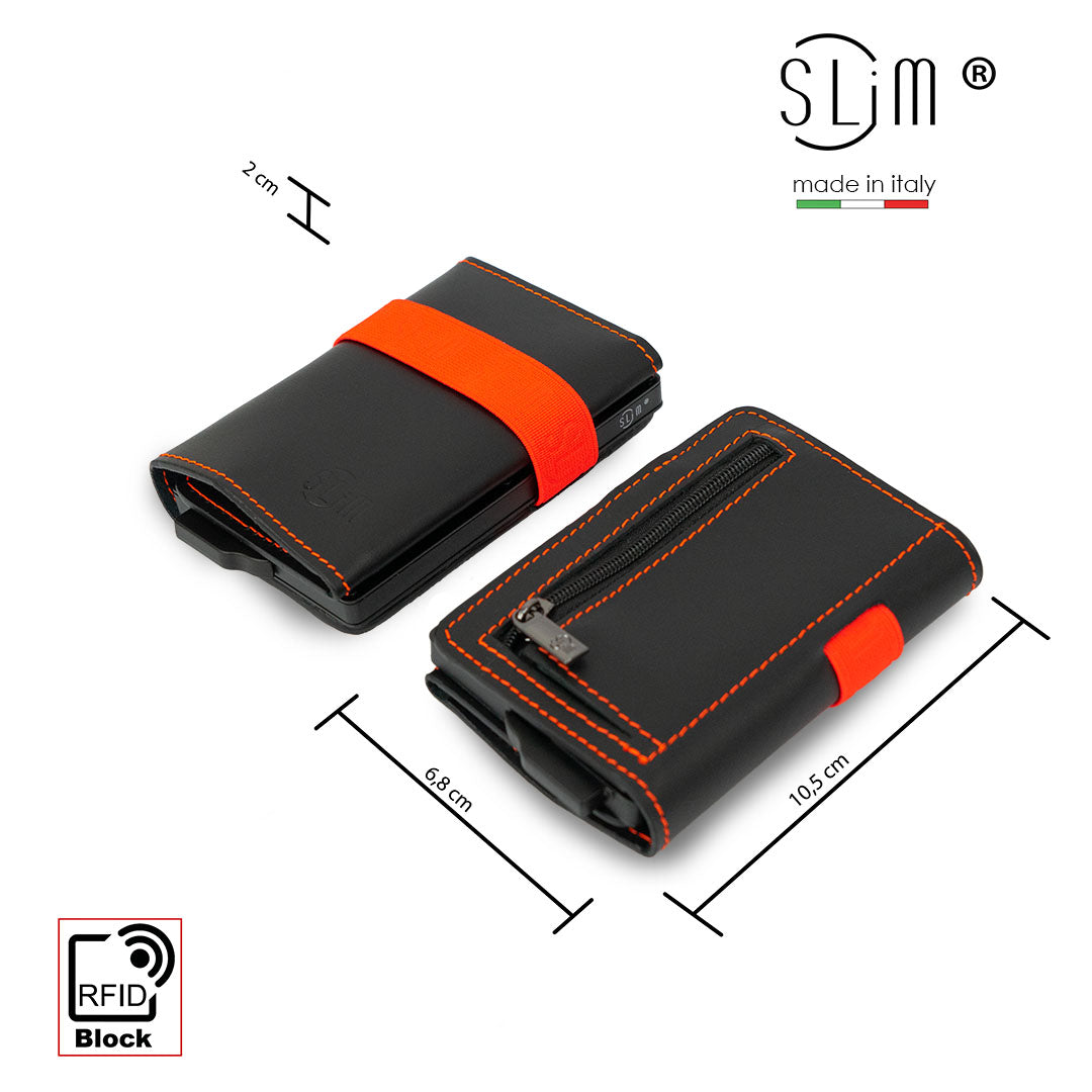 Genuine Black Leather Card Holder with Orange Elastic and Zip Coin Pocket