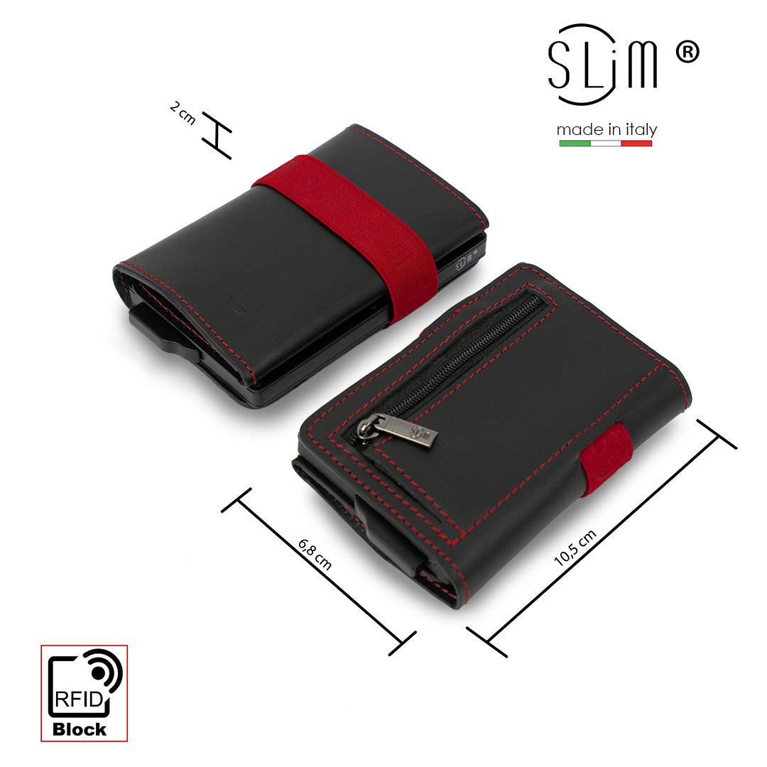 Genuine Black Leather Card Holder with Red Elastic and Zip Coin Pocket