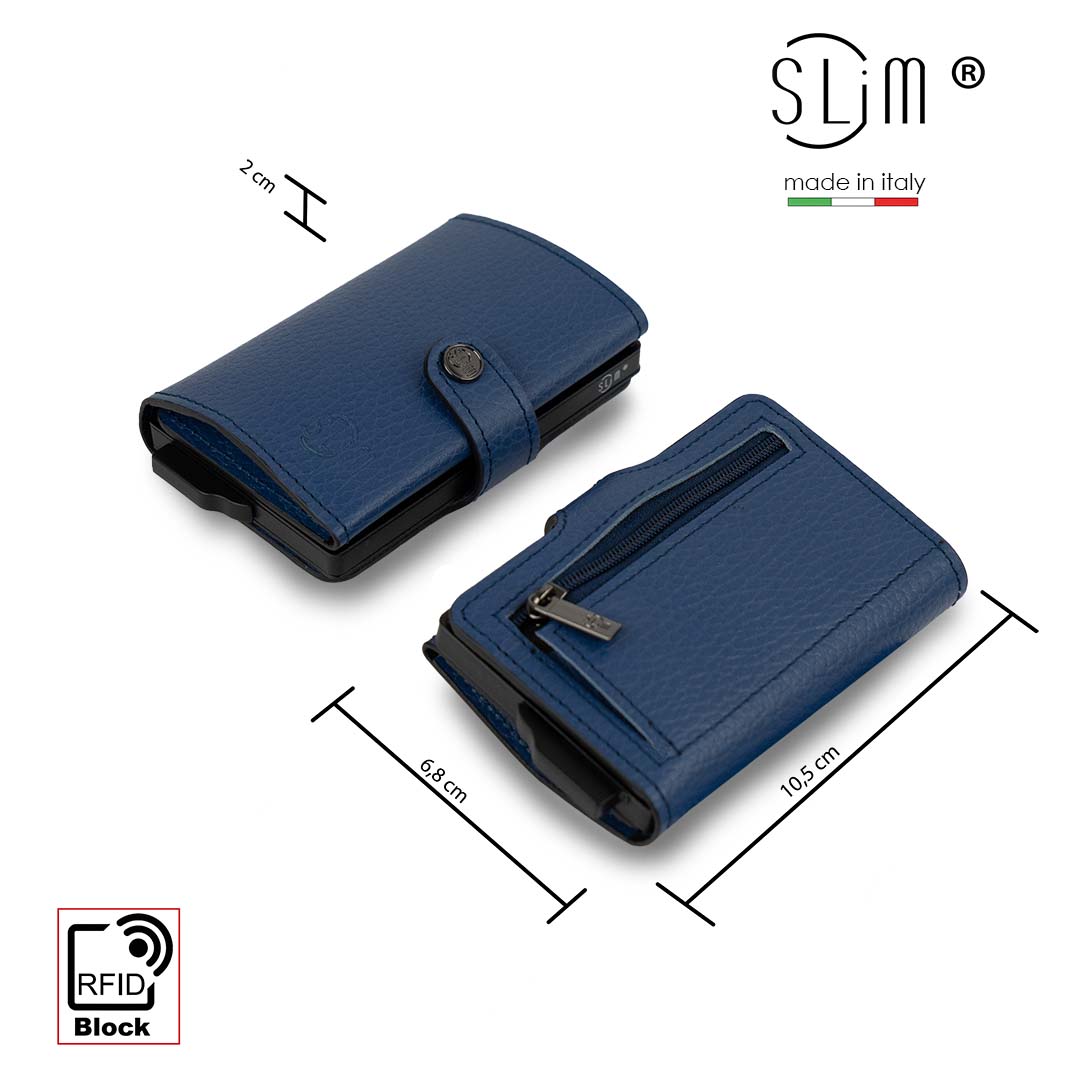 Porta Carte Vera Pelle Bottalato Blu con zip porta monete – SLim