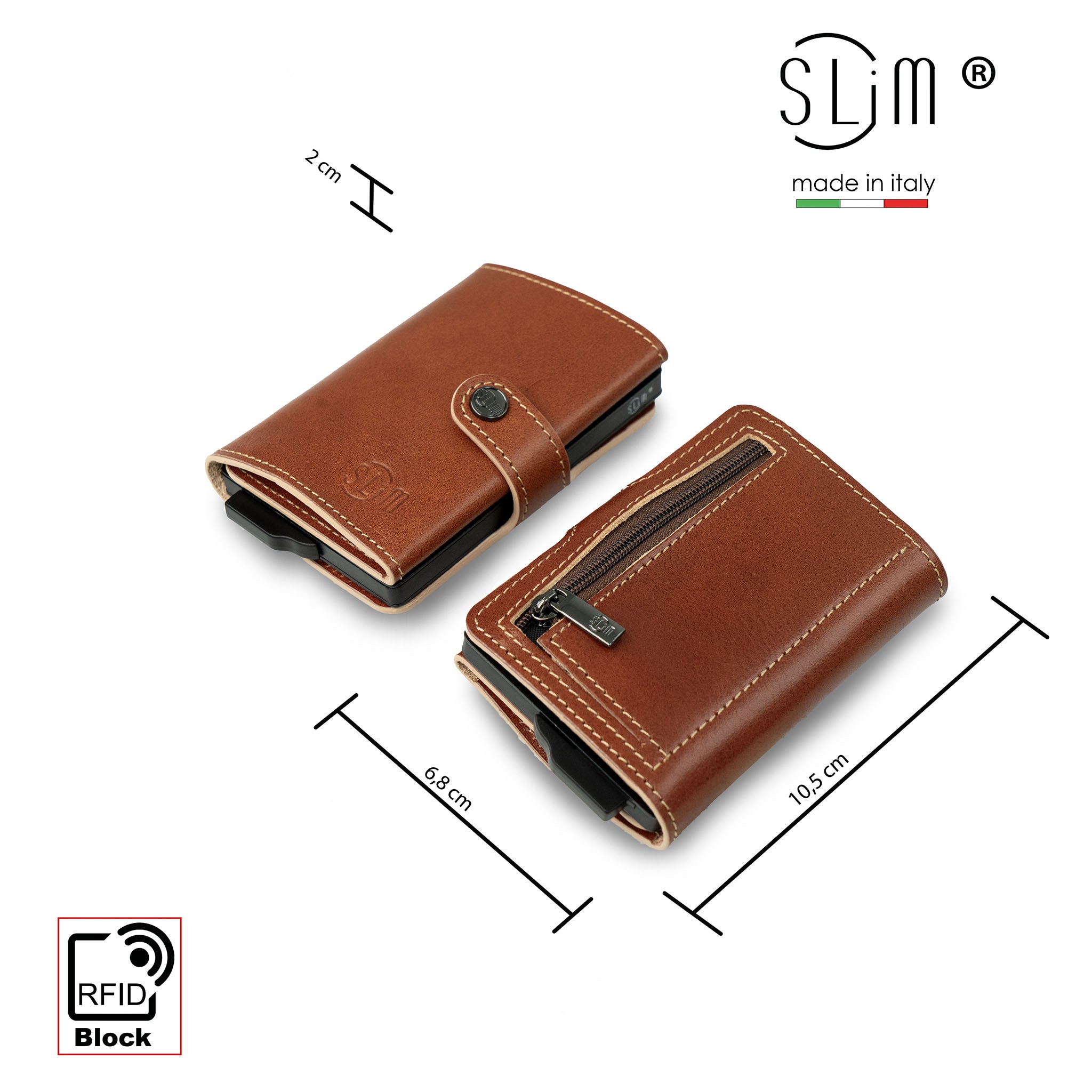 Porta Carte Vera Pelle Concia Al Vegetale Cognac Zip
