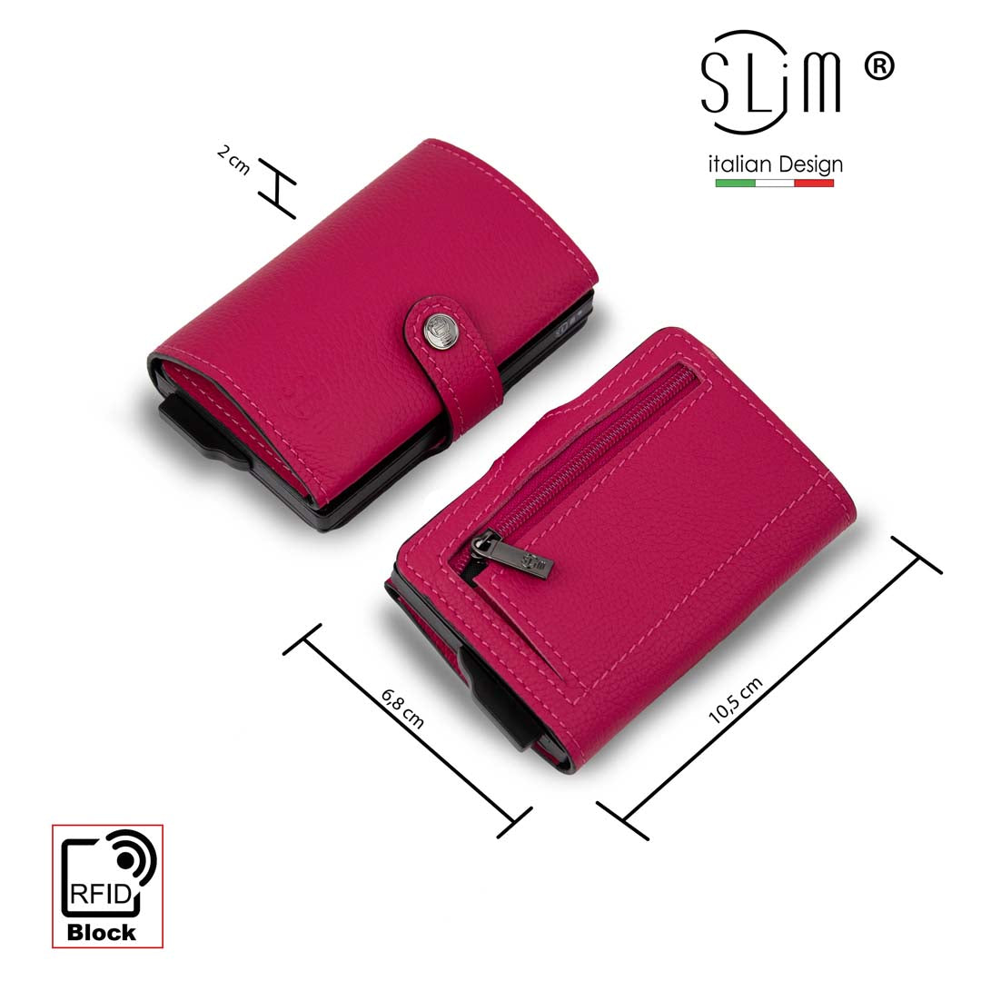 Porta Carte Vera Pelle Bottalato Fucsia con zip porta monete