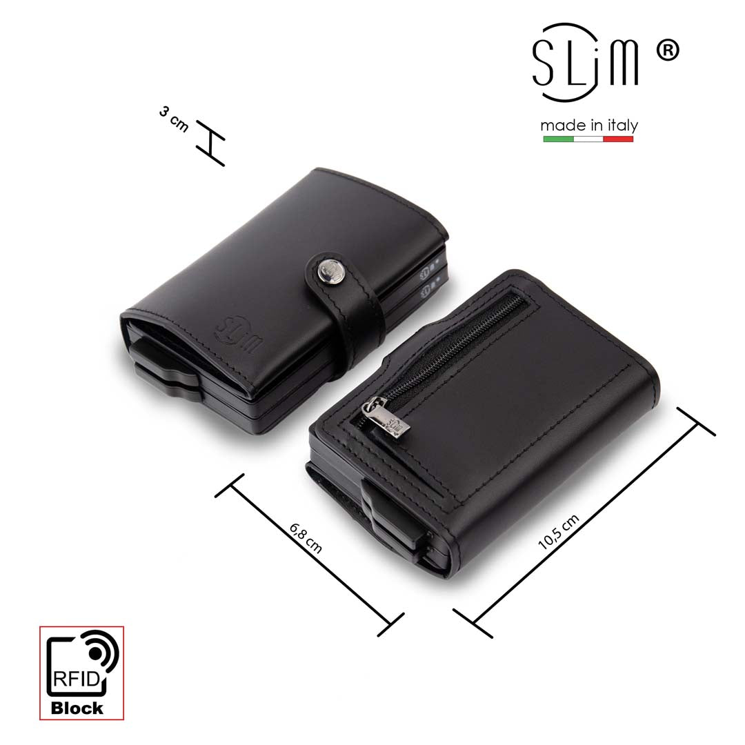 Porta Carte Vera Pelle Nero con zip Doppia cassa