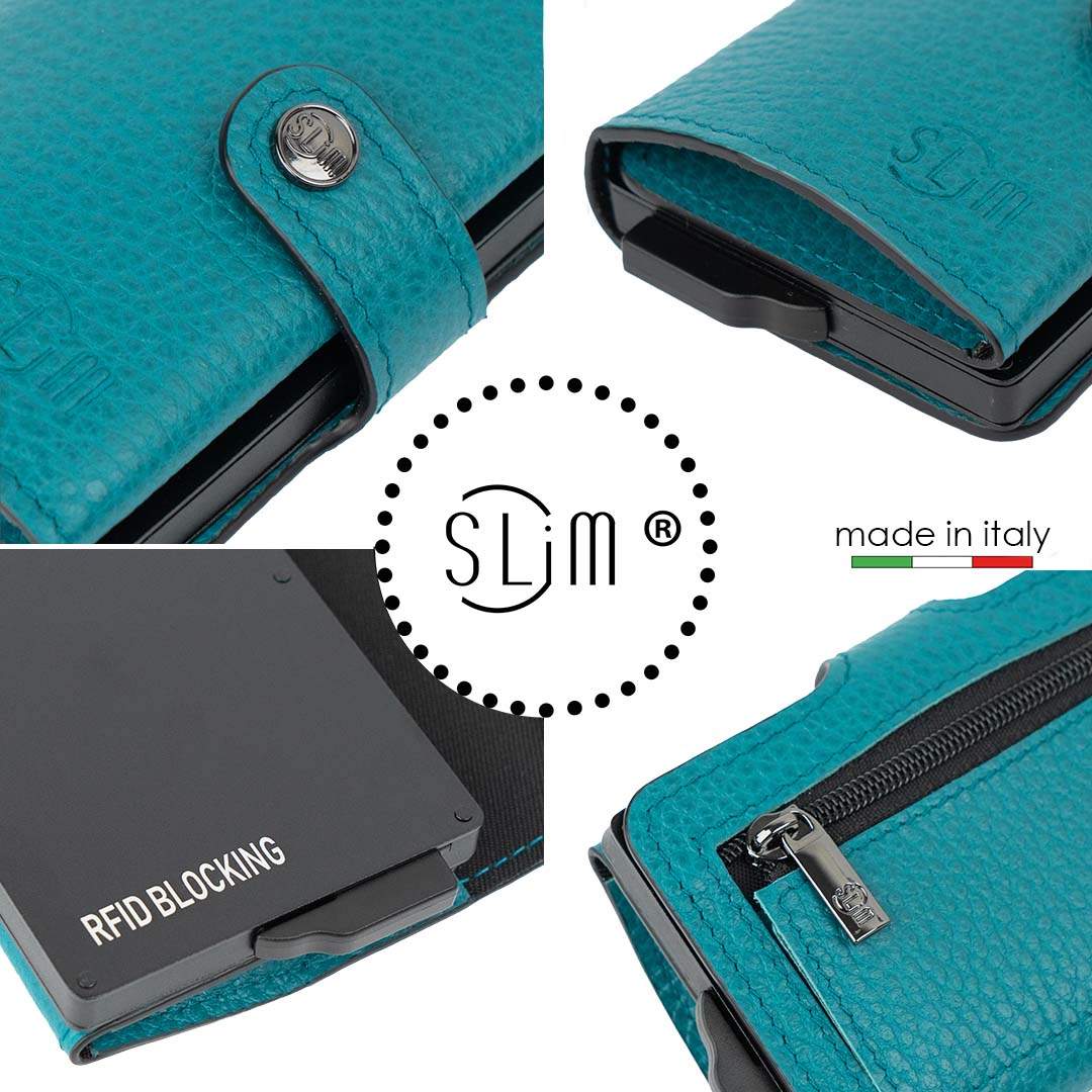Porta Carte Vera Pelle Bottalato Petrolio con zip porta monete