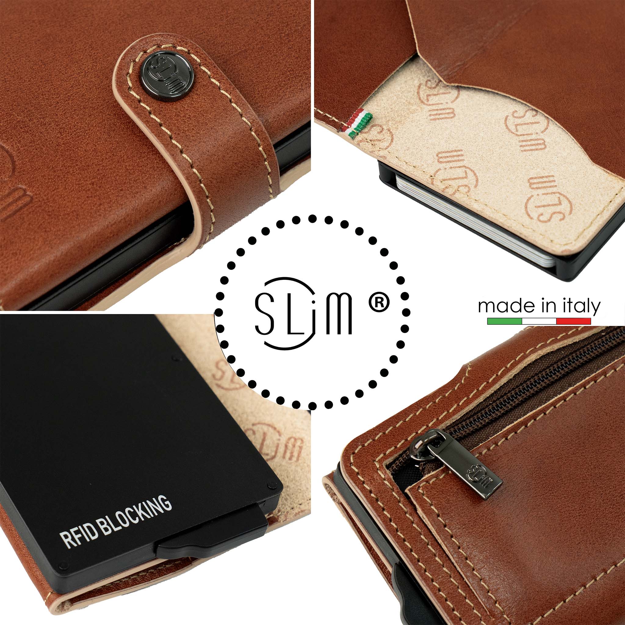 Porta Carte Vera Pelle Concia Al Vegetale Cognac Zip