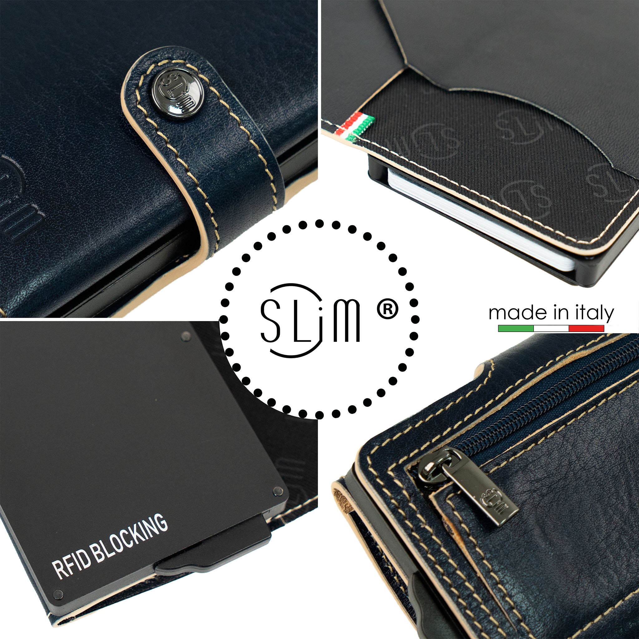 Porta Carte Vera Pelle Concia Al Vegetale Blu Zip