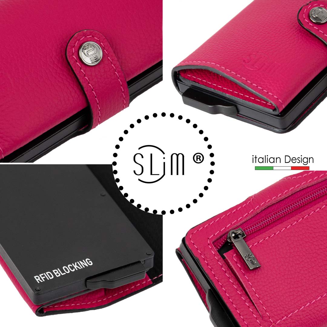 Porta Carte Vera Pelle Bottalato Fucsia con zip porta monete