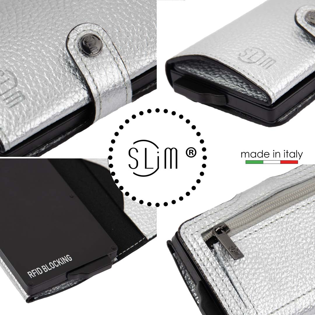 Porta Carte Vera Pelle Bottalato Metal Argento con zip porta monete