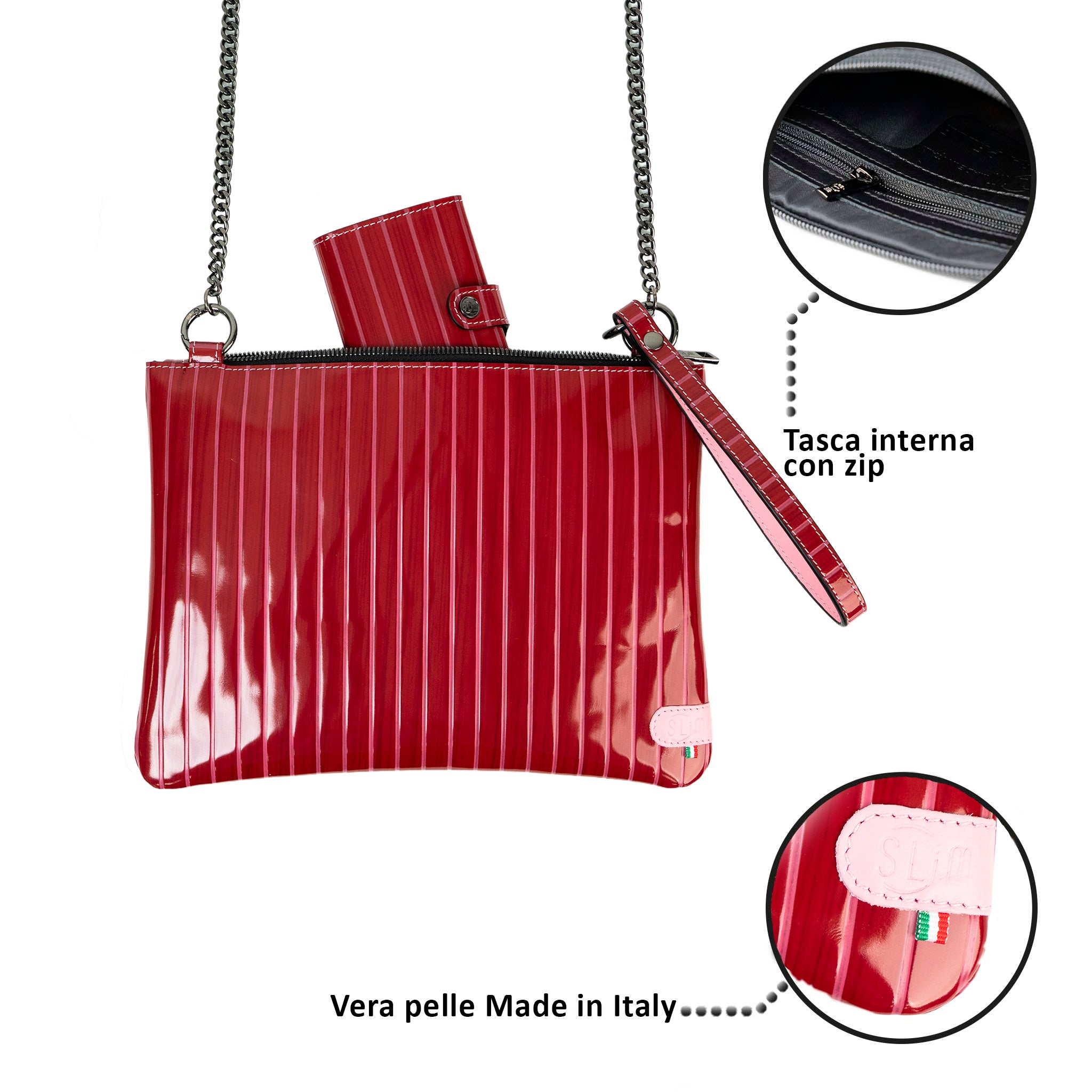 Clutch Bag with Shoulder Strap in Genuine Red Drummed Leather