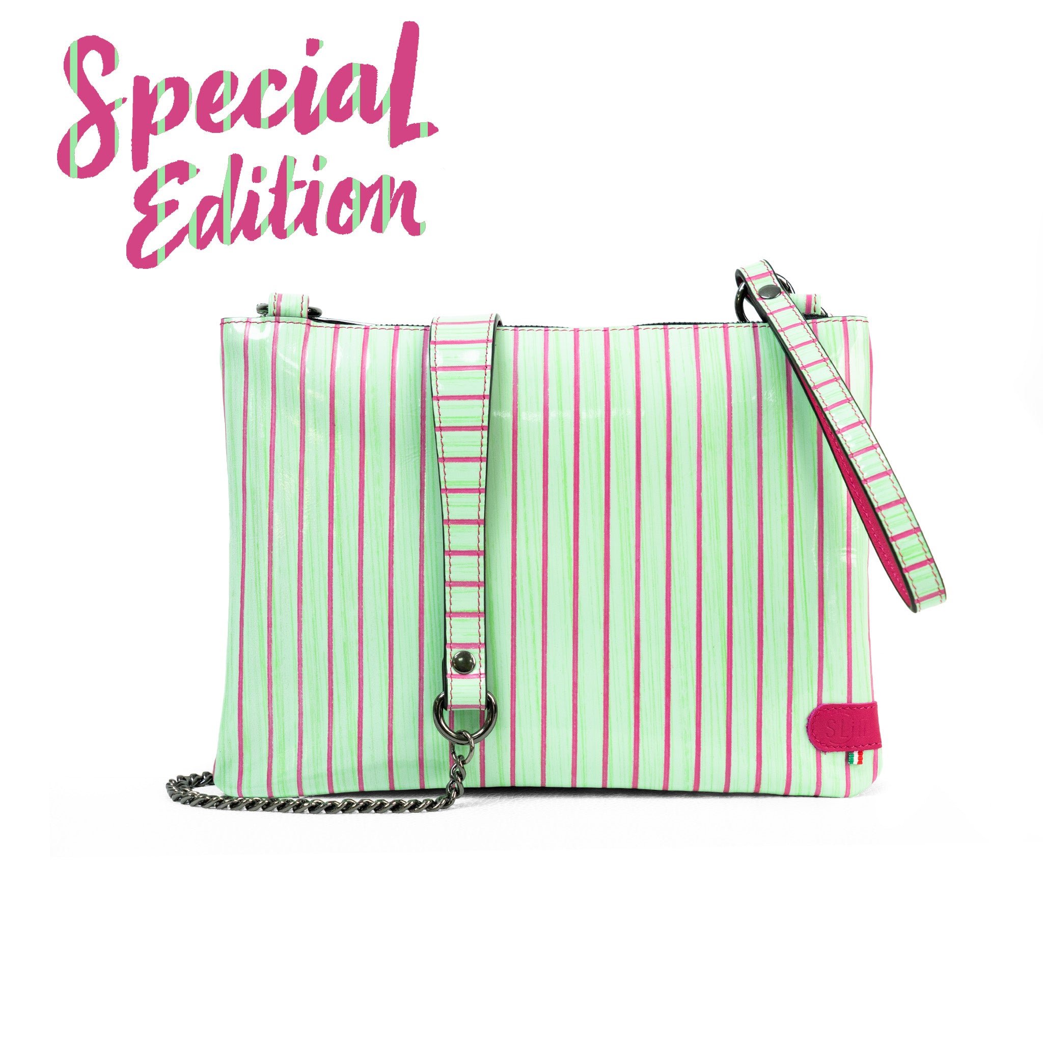 Pochette con Tracolla Vera Pelle Lollipop Verde e Fucsia