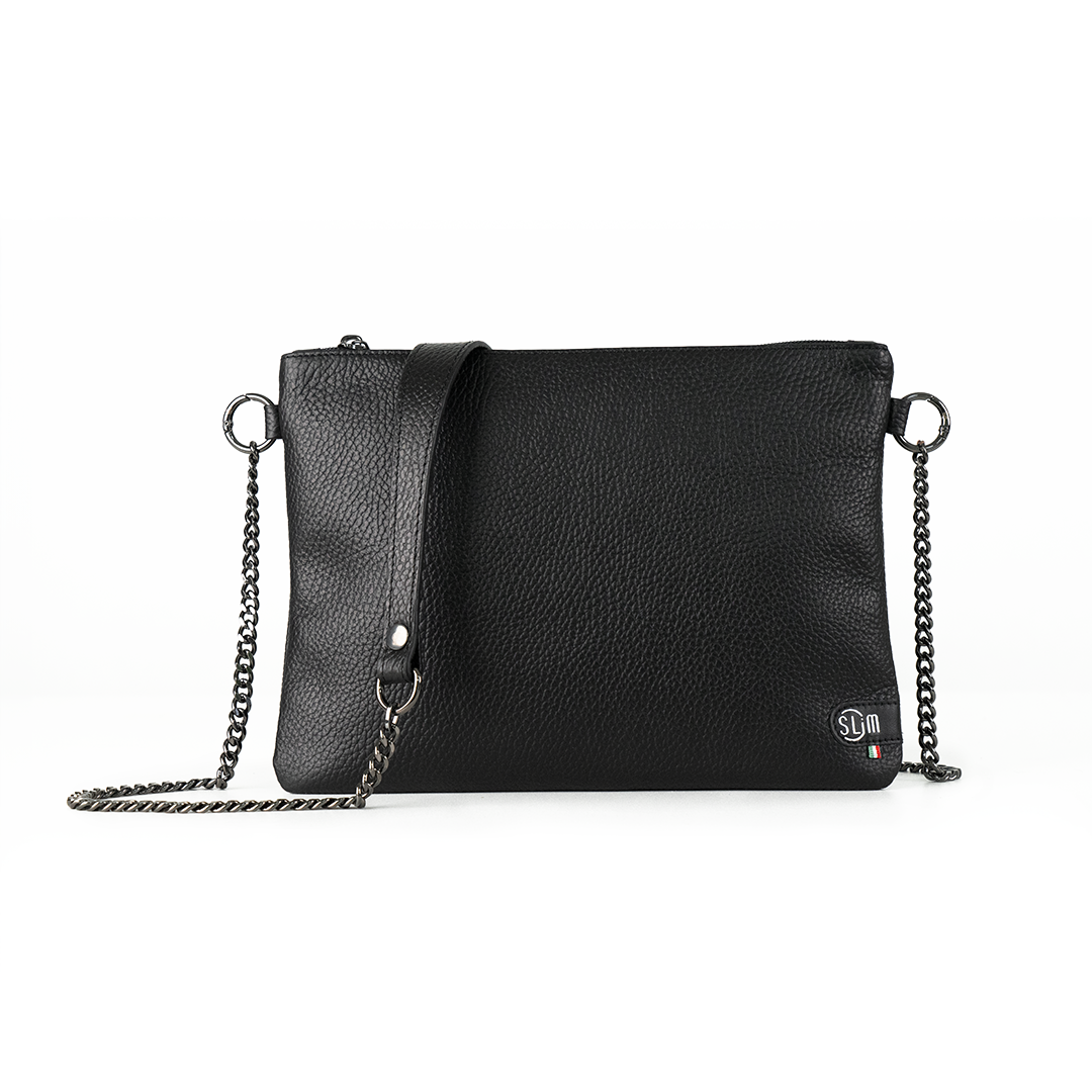 Pochette con Tracolla Vera Pelle Bottalato Nero
