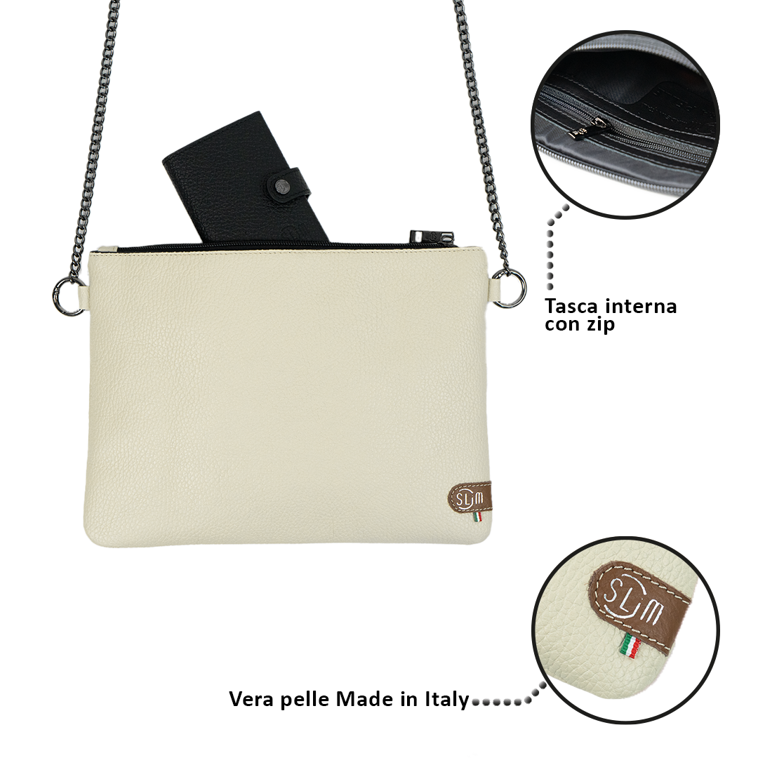 SLim®️ drummed genuine leather clutch bag with shoulder strap beige