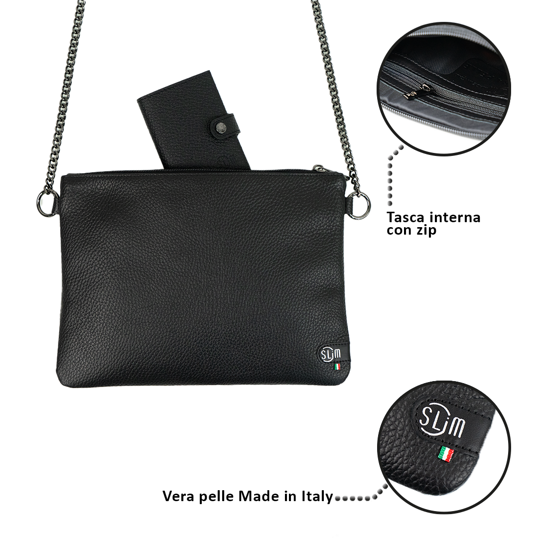 Clutch Bag with Shoulder Strap in Genuine Black Drummed Leather