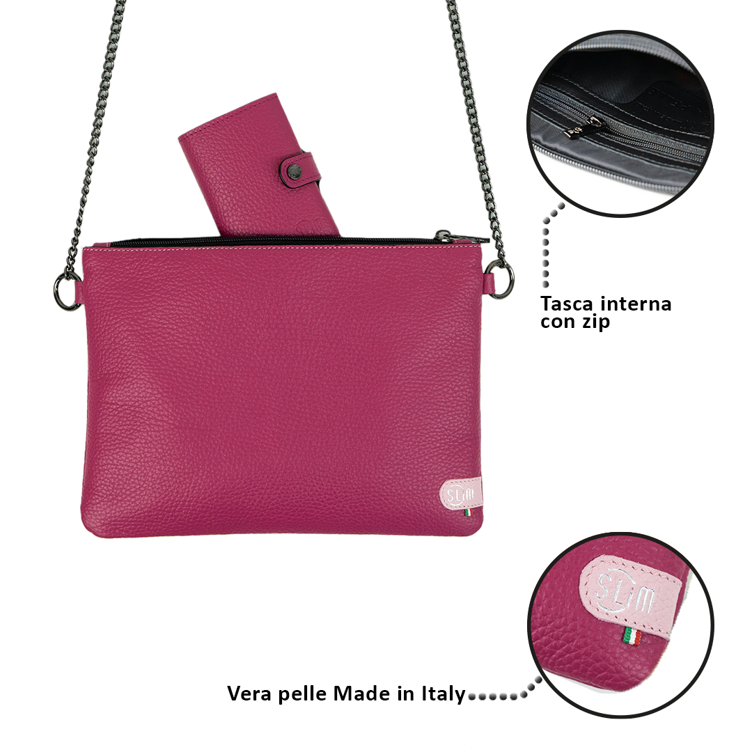 SLim®️ drummed genuine leather clutch bag with shoulder strap fuchsia
