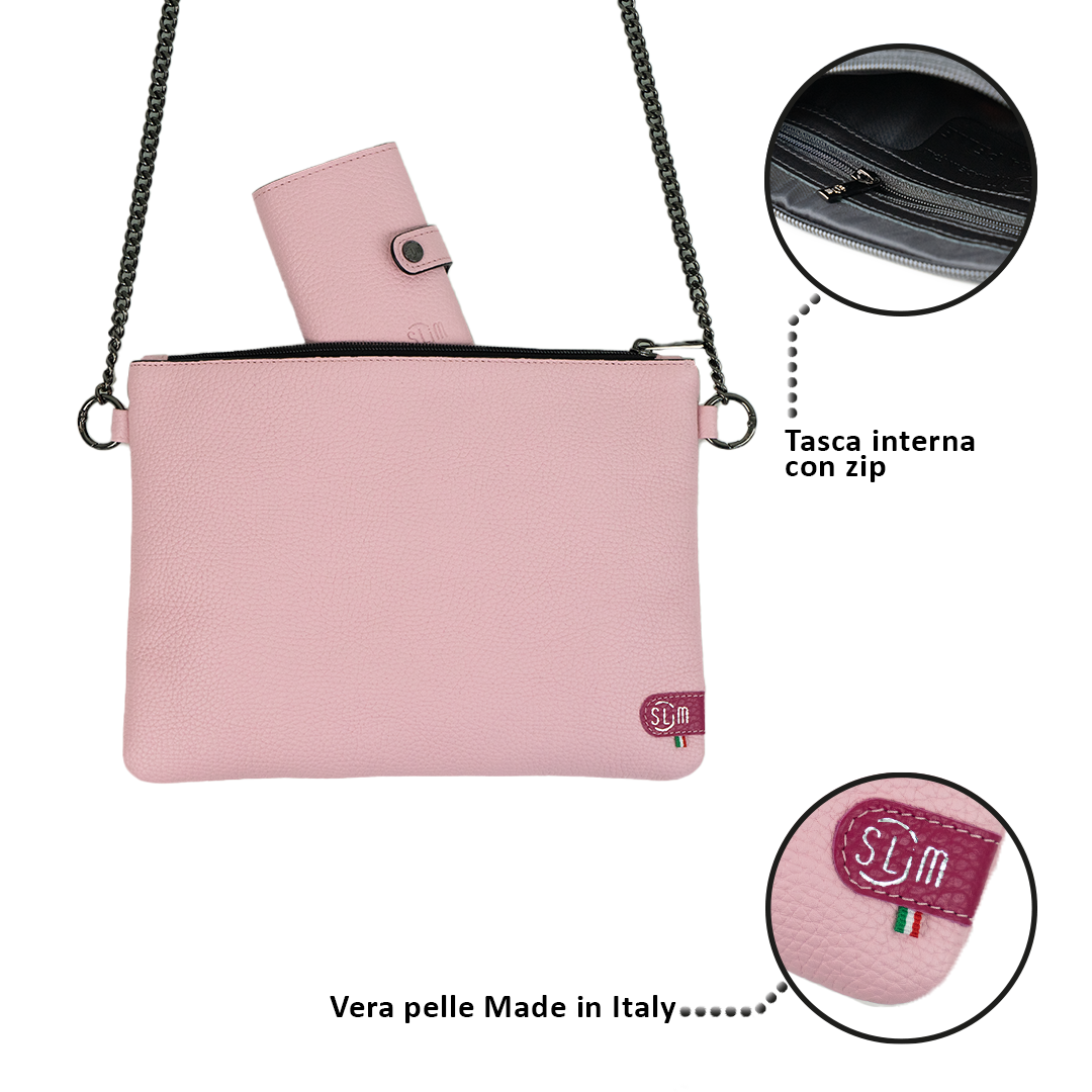 Pochette con Tracolla Vera Pelle Bottalato Rosa