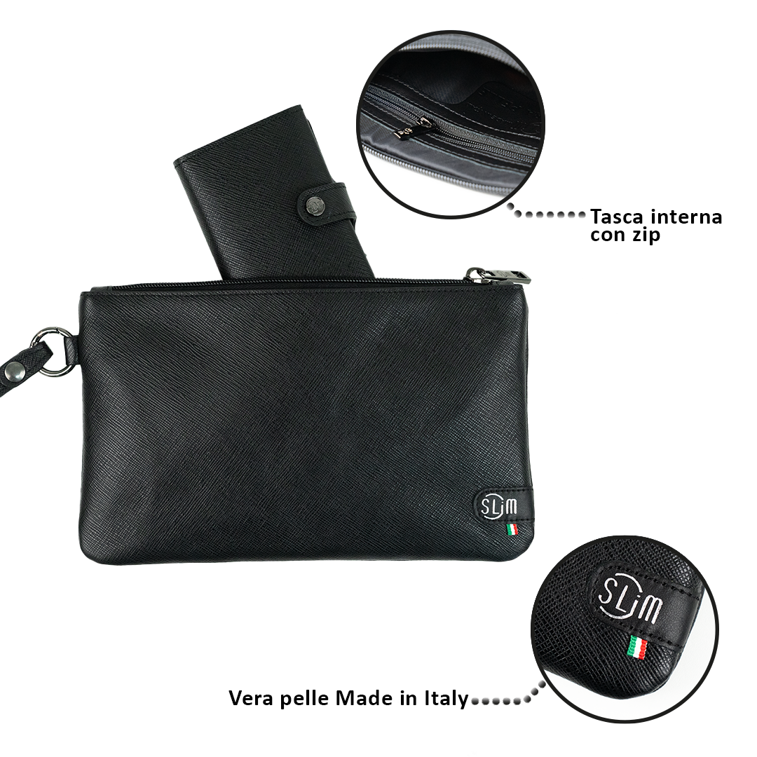 SLim®️ Saffiano genuine leather clutch bag with wristband black