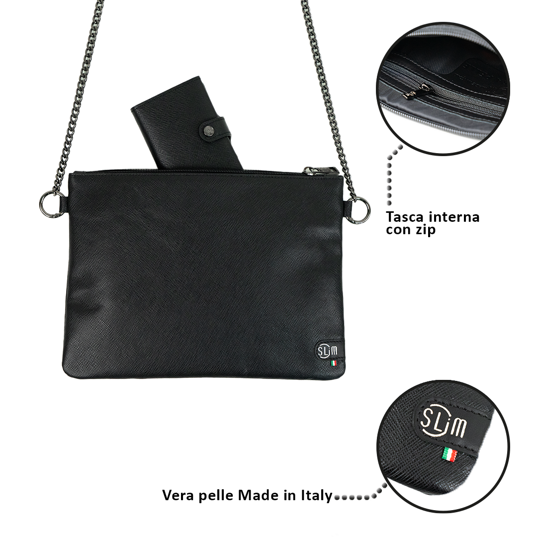 SLim®️ Saffiano genuine leather clutch bag with shoulder strap black