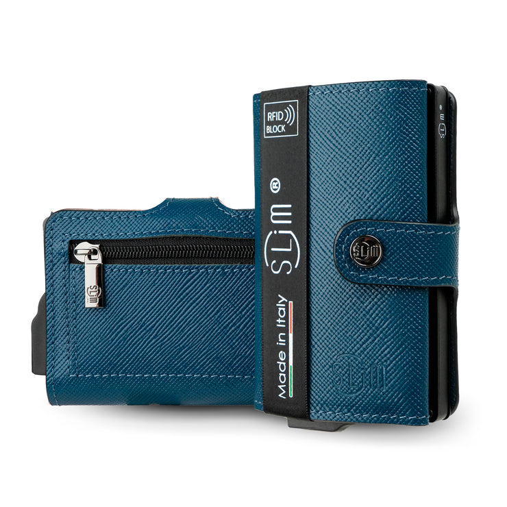 Porta Carte Vera Pelle Saffiano Anti Graffio Petrolio con Zip