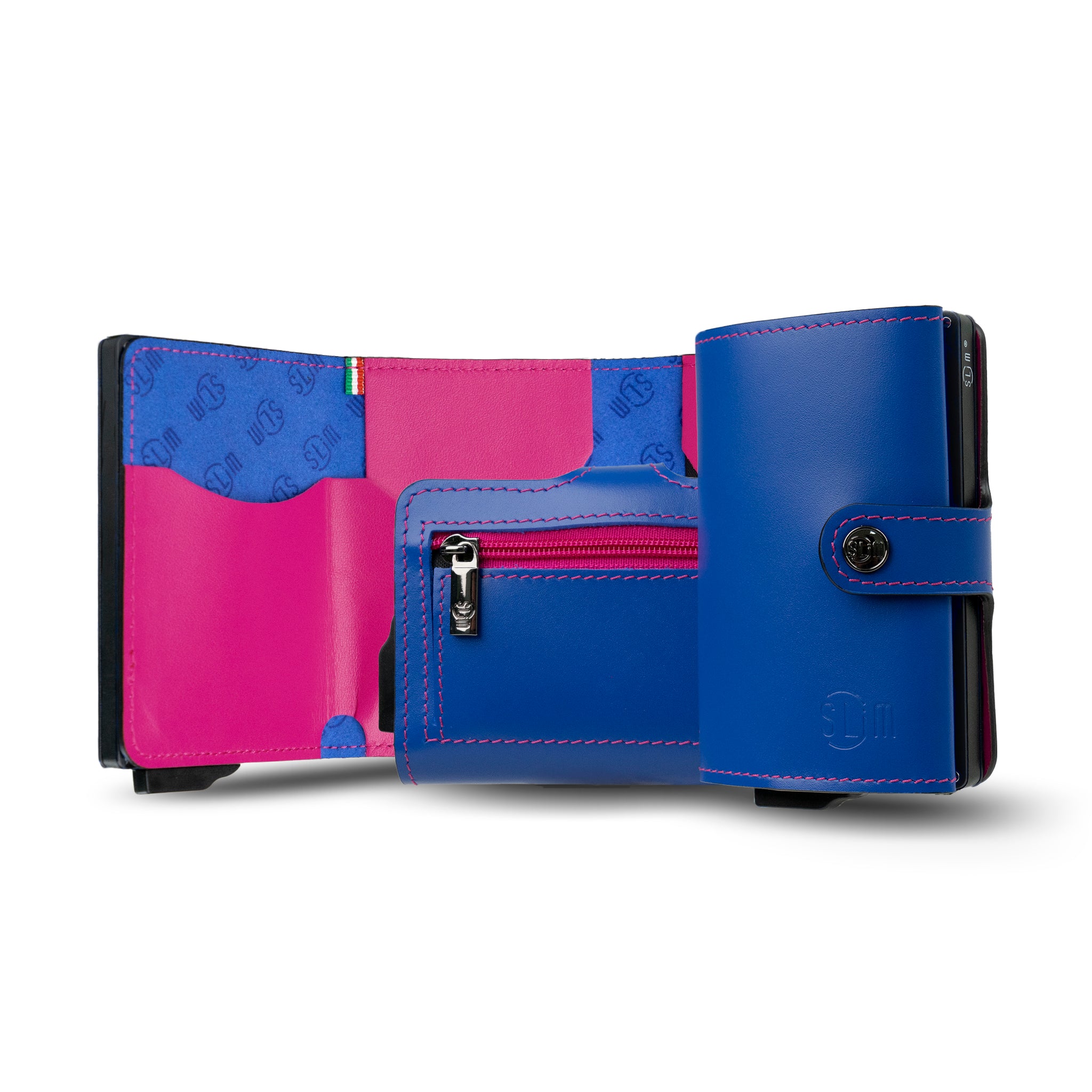 Porta Carte Vera Pelle Blu Elettrico/Fucsia con ZIp