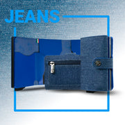 Porta Carte Jeans e Vera Pelle Blu con zip porta monete