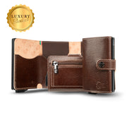 Porta Carte Vera Pelle Concia Al Vegetale Marrone Zip