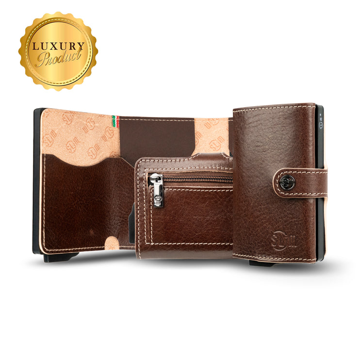 Porta Carte Vera Pelle Concia Al Vegetale Marrone Zip