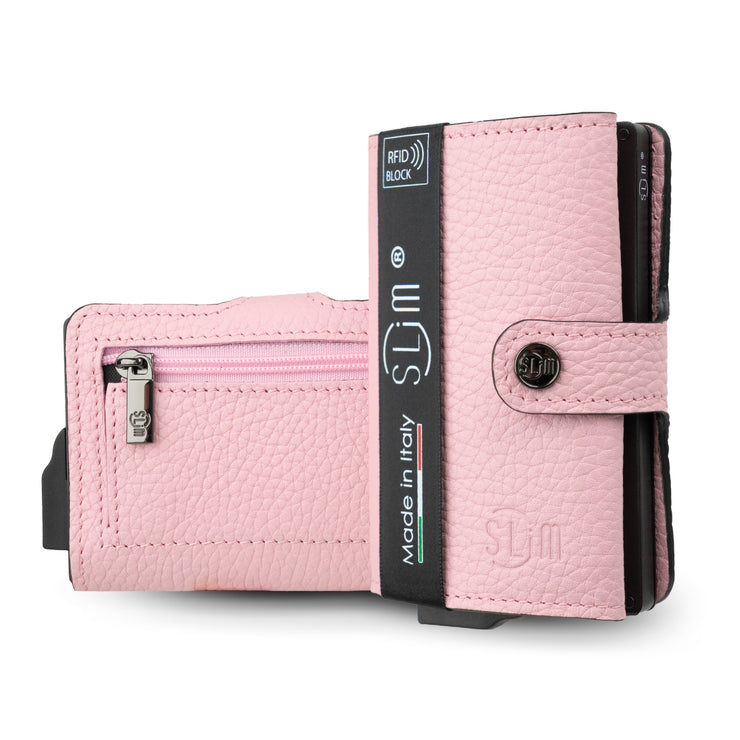 Porta Carte Vera Pelle Bottalato Rosa con zip porta monete