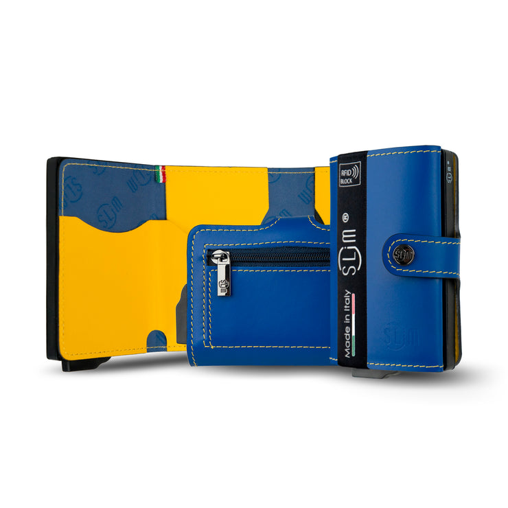 Porta Carte Vera Pelle Blu Giallo con zip porta monete