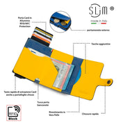 Porta Carte Vera Pelle Blu Giallo con zip porta monete