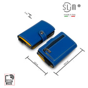 Porta Carte Vera Pelle Blu Giallo con zip porta monete