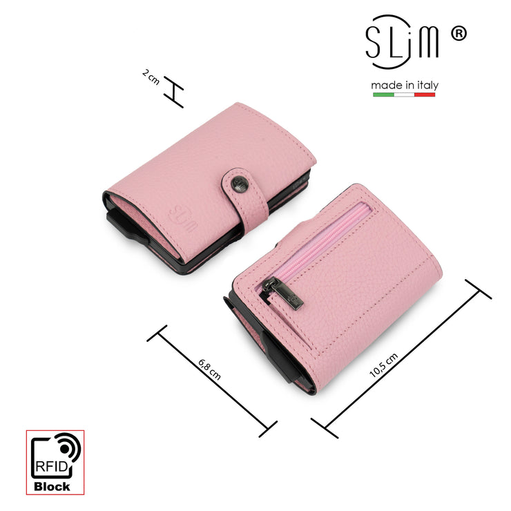 Porta Carte Vera Pelle Bottalato Rosa con zip porta monete
