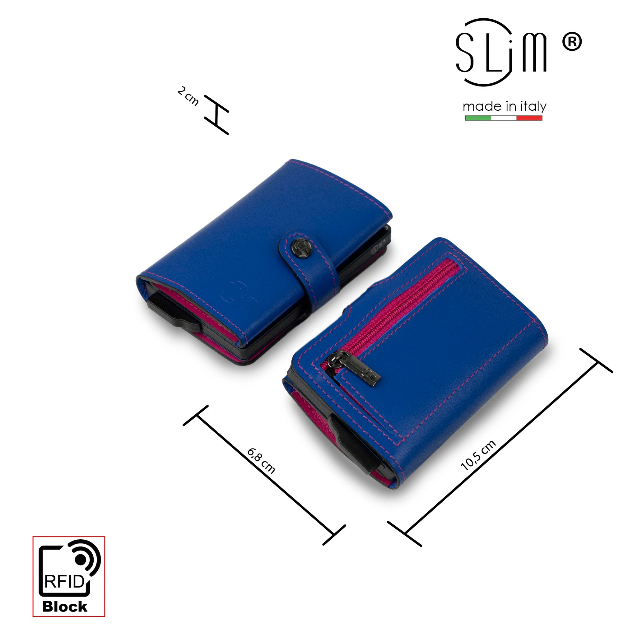 Porta Carte Vera Pelle Blu Elettrico/Fucsia con ZIp