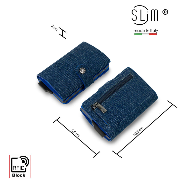 Porta Carte Jeans e Vera Pelle Blu con zip porta monete