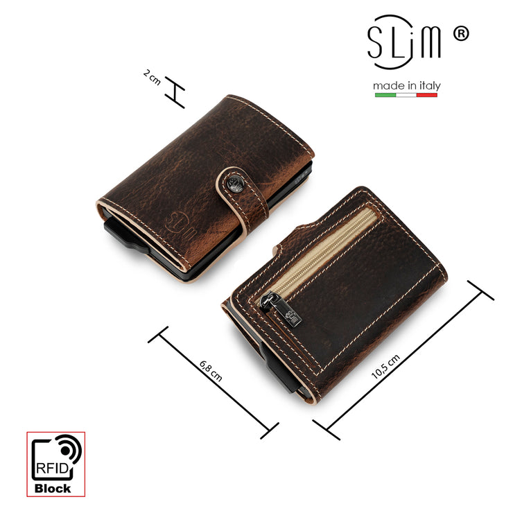 Porta Carte Vera Pelle Crazy Horse Cuoio Dark con zip