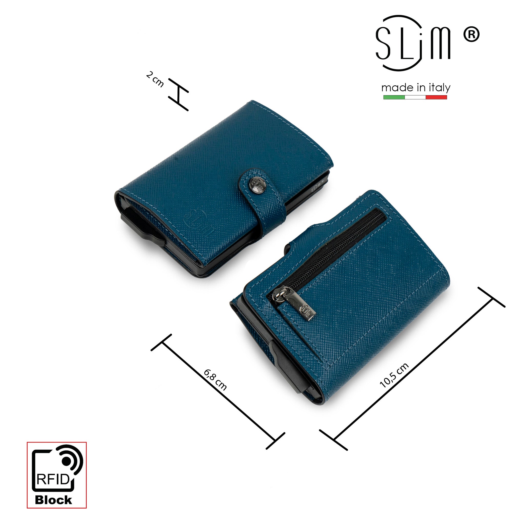 SLim®️ Saffiano Leather wallet with zip, scratch-resistant, petroleum blue