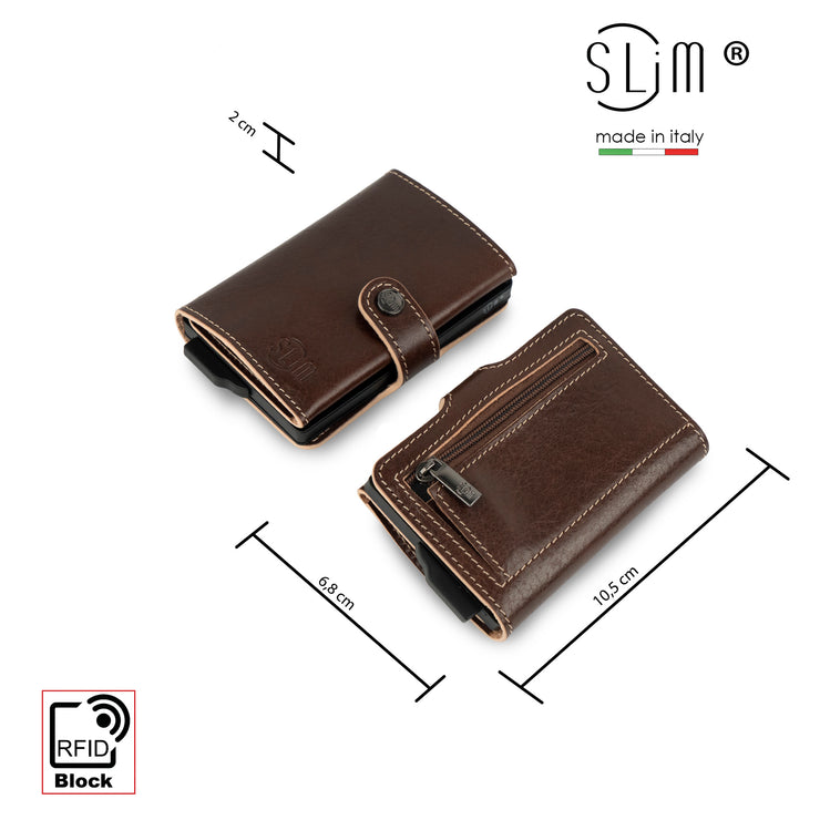 Porta Carte Vera Pelle Concia Al Vegetale Marrone Zip