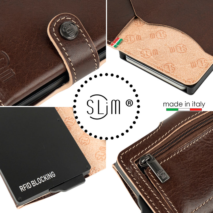 Porta Carte Vera Pelle Concia Al Vegetale Marrone Zip