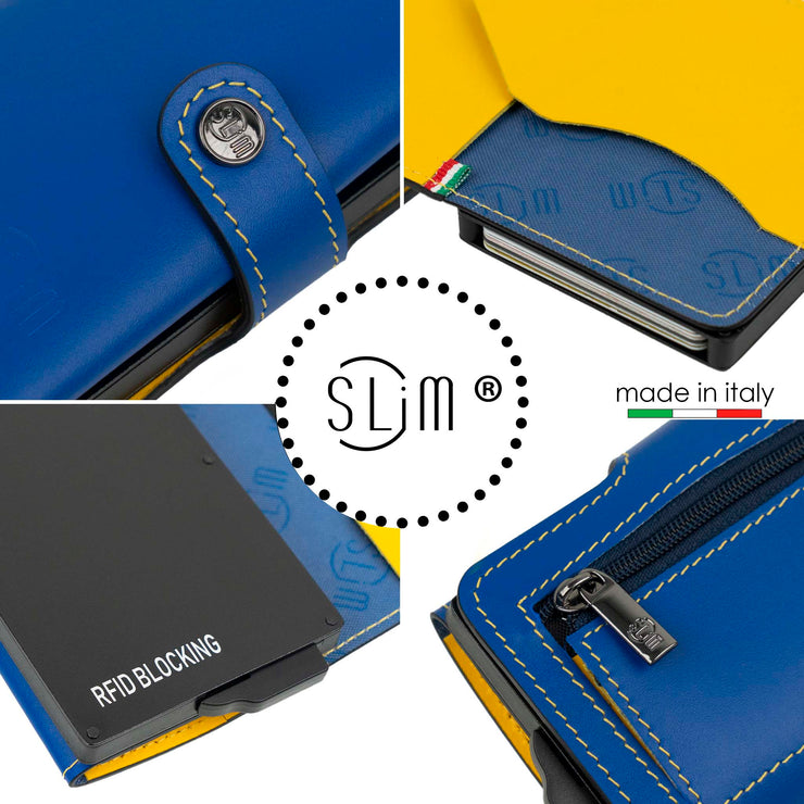 Porta Carte Vera Pelle Blu Giallo con zip porta monete