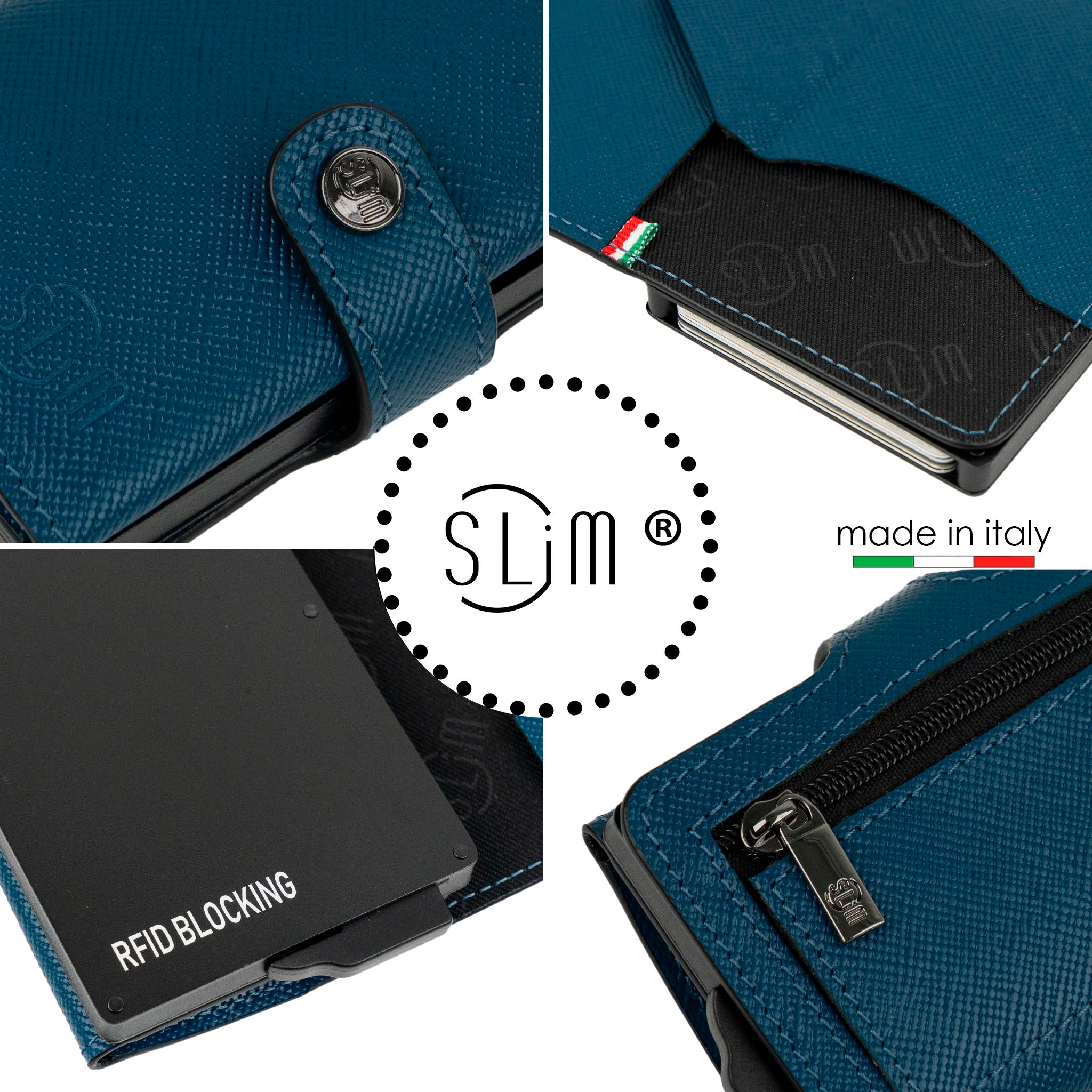SLim®️ Saffiano Leather wallet with zip, scratch-resistant, petroleum blue