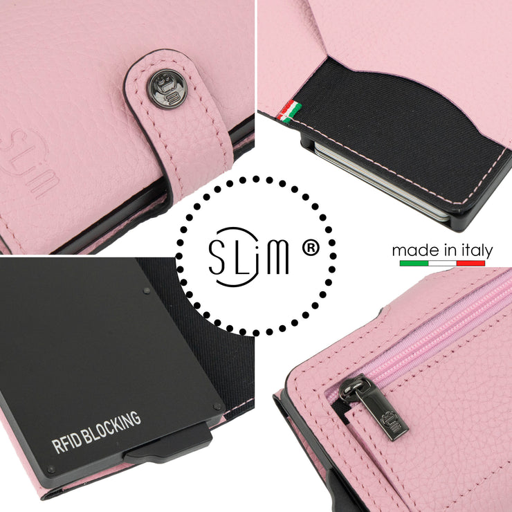 Porta Carte Vera Pelle Bottalato Rosa con zip porta monete